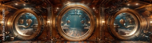 Steampunk ocean liner, brass hull, steam funnels, elegant ballrooms  photo