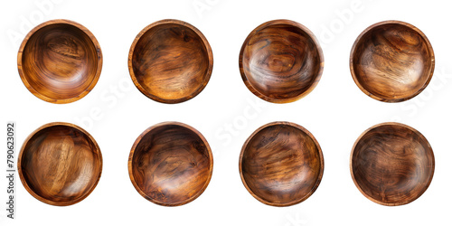 Collection of empty wooden bowls isolated on a transparent background, view from above, cut out, PNG photo