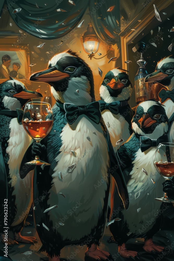 Penguins in suits at a party drinking and celebrating