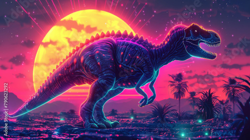A dinosaur walking through a neon landscape with a large moon in the background.