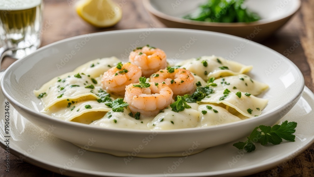 Homemade ravioli with shrimp in lemon-herb sauce. Homemade ravioli with shrimp in lemon-herb sauce.