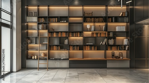 A white and grey bookshelves, doors and drawers on the lower part, the upper part is made with black side ladder like and wood shelves. Generative AI.