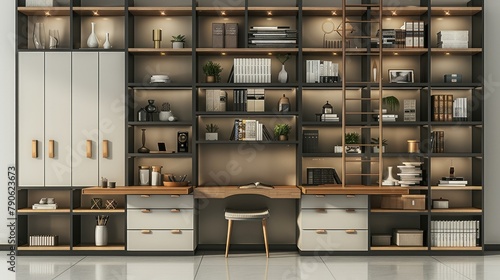 A white and grey bookshelves, doors and drawers on the lower part, the upper part is made with black side ladder like and wood shelves. Generative AI. photo