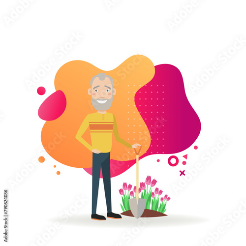 Senior man with shovel planting flowers. Pensioner spending his free time by gardening. Flat vector illustration. Retirement, pension, gardening concept for web design, banner, landing page