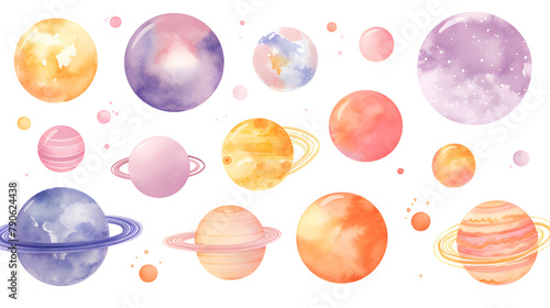 Hand drawn colorful watercolor space set of planet isolated of white background 