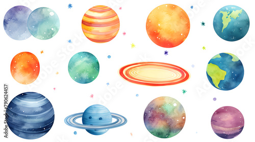 Hand drawn colorful watercolor space set of planet isolated of white background 