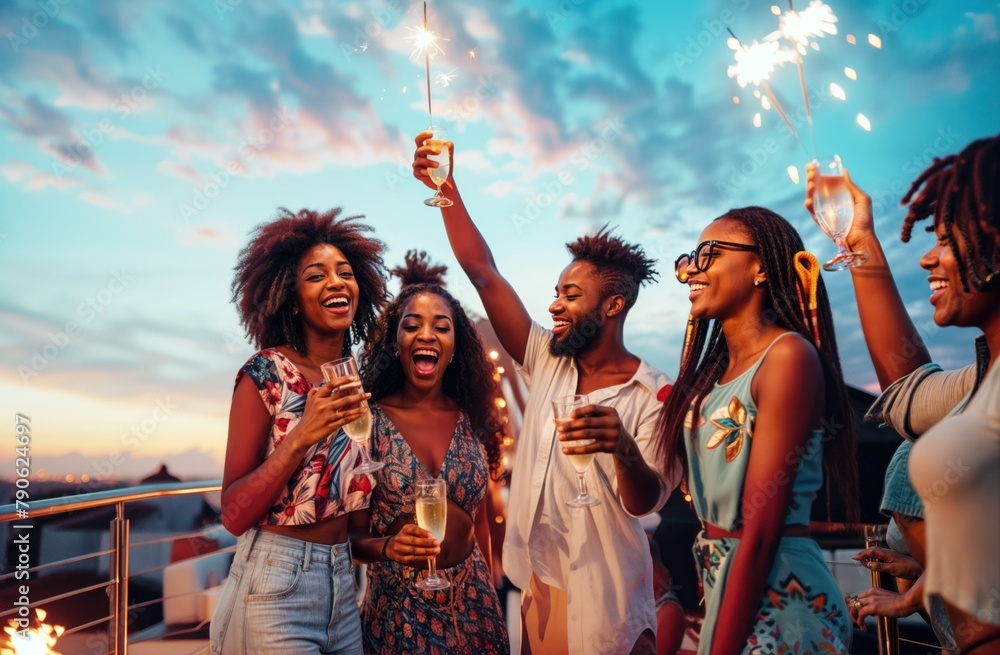 Obraz premium Friends Celebrating with Sparklers at Sunset Party