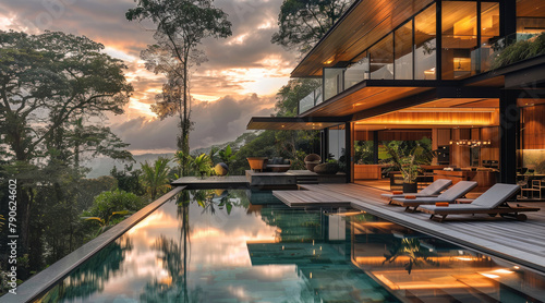Modern villa with pool in the rainforest with views to the pacific ocean, soft natural light. Generative AI. © visoot