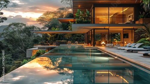 Modern villa with pool in the rainforest with views to the pacific ocean, soft natural light. Generative AI. © visoot