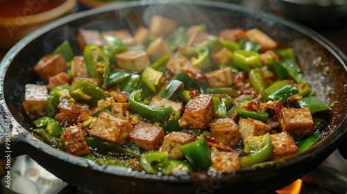 Delight in Tasty Dish of Fried Green Pepper with Tofu and Bacon