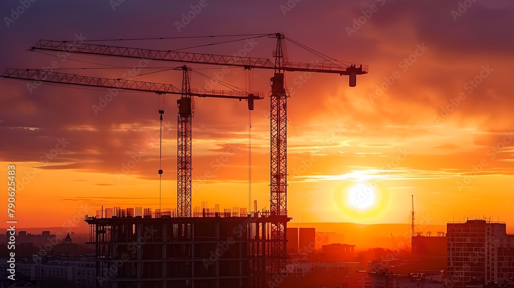 Urban Construction Site at Sunset, Silhouettes of Cranes Over City Skyline. Vibrant Evening Hues Lighting Up the Industrial Scene. AI