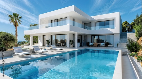 Modern white villa with pool, beach house, blue sky, swimming pools and sunbeds. Generative AI. © visoot