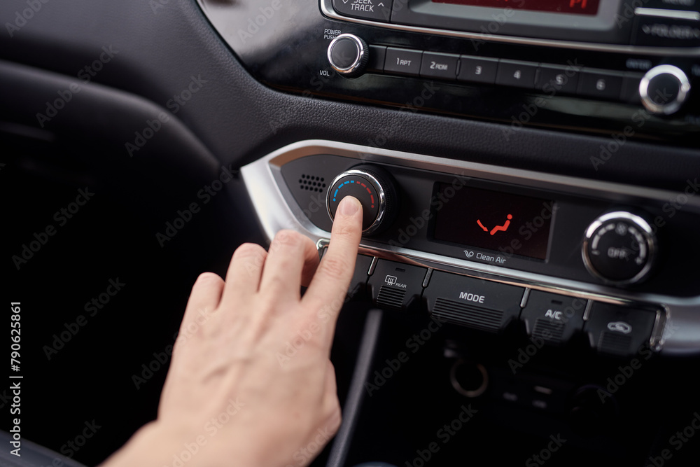 Hand, air conditioning and center console of car for temperature, heat control and wind limit for drive or journey. Auto, thermometer and interior of automobile for adjusting of airflow or cooling
