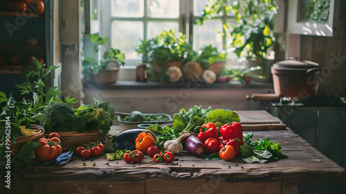 a rustic wooden table in a cozy kitchen, abundantly filled with an array of fresh vegetables as bright red tomatoes, deep green bell peppers, purple eggplants, and bunches of leafy greens
