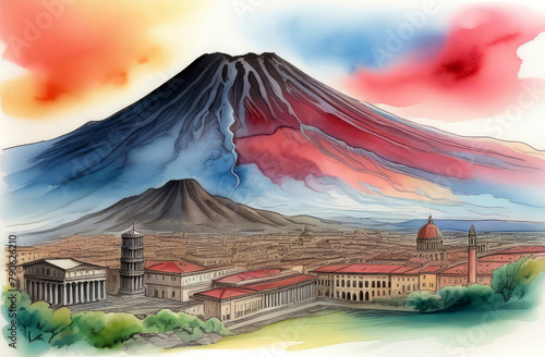 watercolor postcard of an erupting volcano,Pompeii,Vesuvius