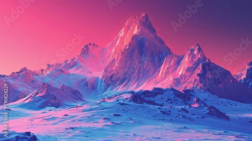 Surreal mountain landscape with radiant moon and pink skies in isometric style