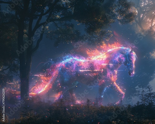 Phantasmal iridescent horse, emitting neon glows, vibrant hues in an ethereal forest © Thanadol