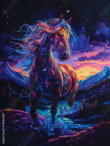 Neon glowing horse, phantasmal iridescence, set in a mystical night scene