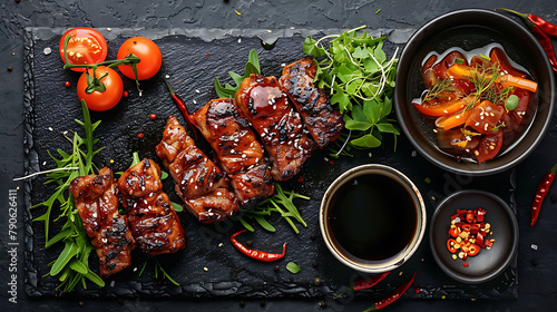 Asian food served on black stone, top view, Chinese and vietnamese cuisine set, hyperrealistic food photography
