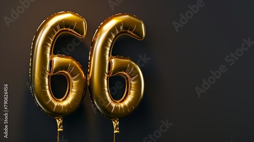 Golden foil balloon number 66 on dark background. Gold birthday decoration photo