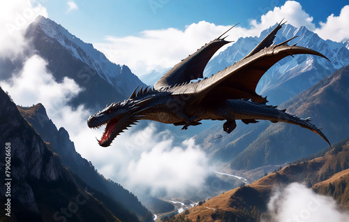 Angry dragon flying over snow mountain chasing its prey
