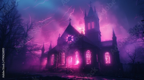 Mystical old church illuminated by purple lights at night, surrounded by eerie fog