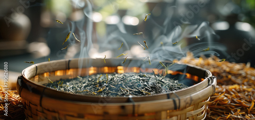 In the bamboo woven dustpan, there are slightly yellowed tea leaves scattered, close-up shot from a top-down angle highlights the tea leaves being baked by hot air. Generative AI.