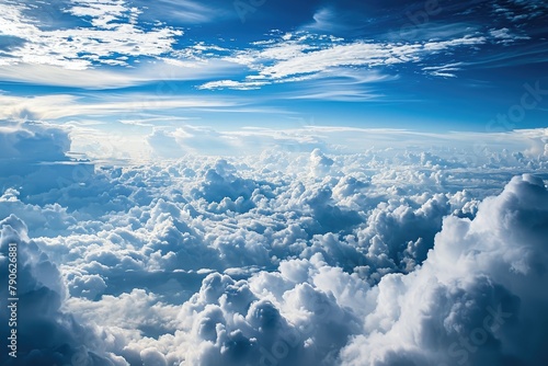 Blue sky with clouds from above,White clouds on blue sky background close up, cumulus clouds high in azure skies, AI generated