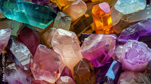 Array of Colorful Crystal Towers on Wooden Surface.