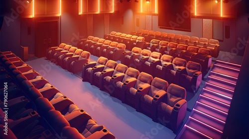 Isometric view of the interior of a large cinema, equipped with massage chairs arranged in layers. Generative AI.