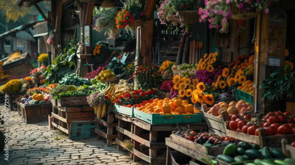 Farmers' market scene with stalls of fresh produce and flowers