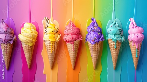 Graphic ice cream cones with dripping flavors in vibrant colors photo