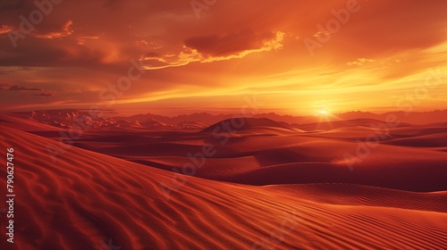 AI generated illustration of a scenic desert sunset with clouds on the distant horizon