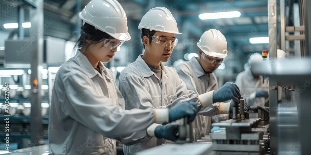 Three Asian workers in a bright and modern workshop, engaged in their tasks. Generative AI. Three Asian workers in a bright and modern workshop, engaged in their tasks. Generative AI.