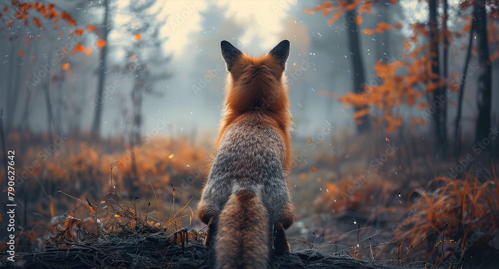 Obraz premium Fox from behind at the forest. Generative AI.