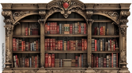 Ornate gothic bookcase filled with vintage books, perfect for classical interior designs photo