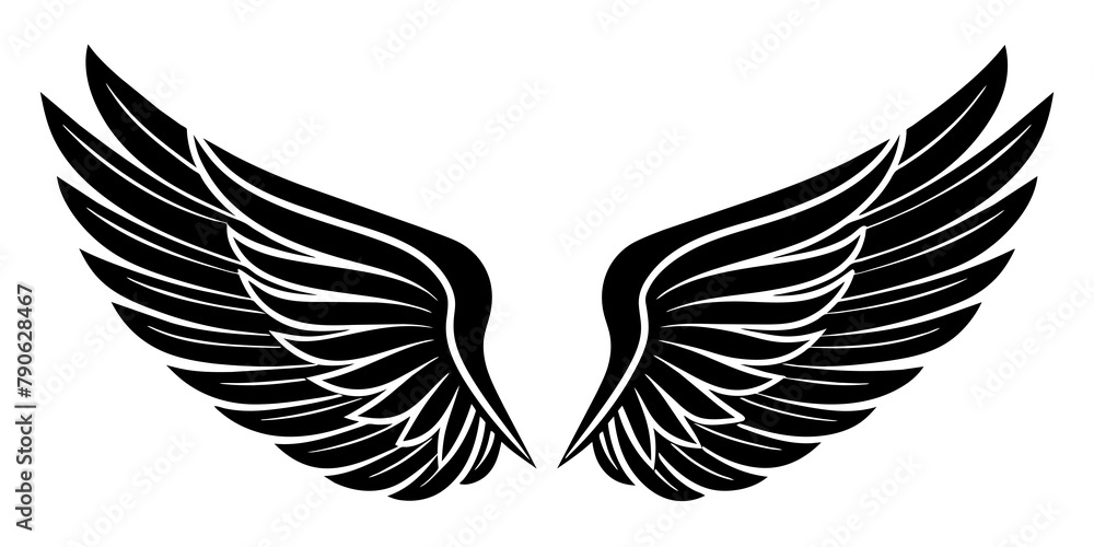 Obraz premium They depict a pair of stylized wings with feathered details, symmetrical and spread out as if ready for flight. The wings are depicted in black and white.AI generated.