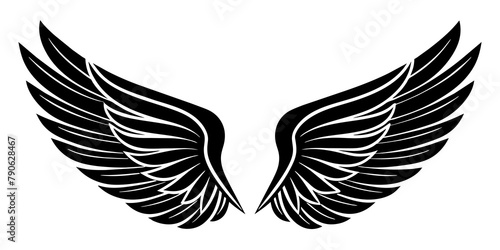 They depict a pair of stylized wings with feathered details, symmetrical and spread out as if ready for flight. The wings are depicted in black and white.AI generated.