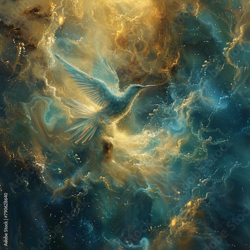 Mystic maelstrom engulfing nebulous nightingale, chaos and beauty in flight 