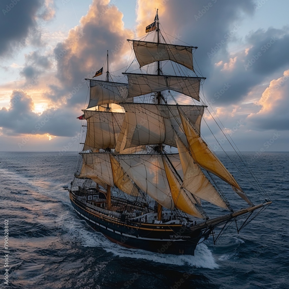 Fototapeta premium Pirate ships powered by milk sails, renewable energy on the high seas
