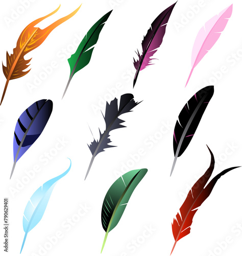 Illustration Colorful Different Shapes Feathers Gamedev Items. Vector illustration 10 pieces of feathers for games or applications of different shapes, rounded, sharp and forked. The fiery feather of