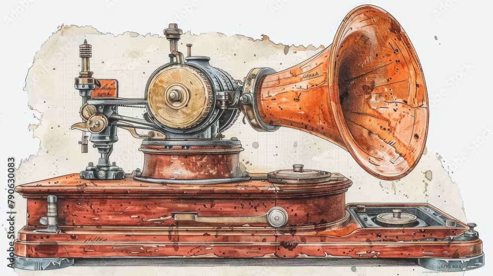 Vintage phonograph in artistic illustration, detailed and nostalgic music player