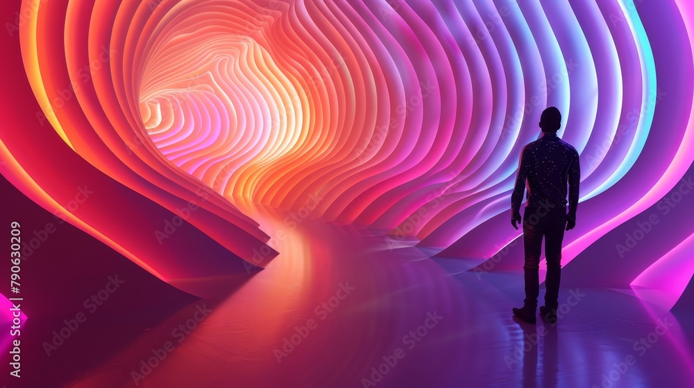 Man before a Radiant Neon Spiral Tunnel Man before a Radiant Neon Spiral Tunnel