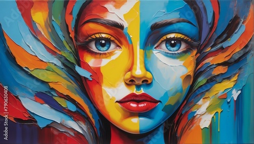 Conceptual oil painting depicting a face in vibrant colors.