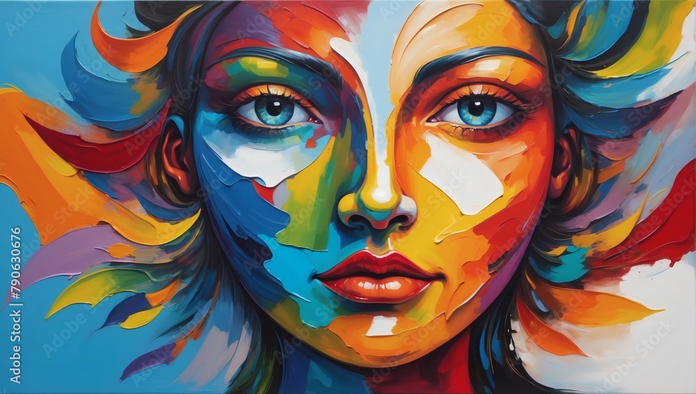 Conceptual oil painting depicting a face in vibrant colors.