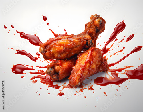 Chicken wings with ketchup and chili sauce isolated on white background