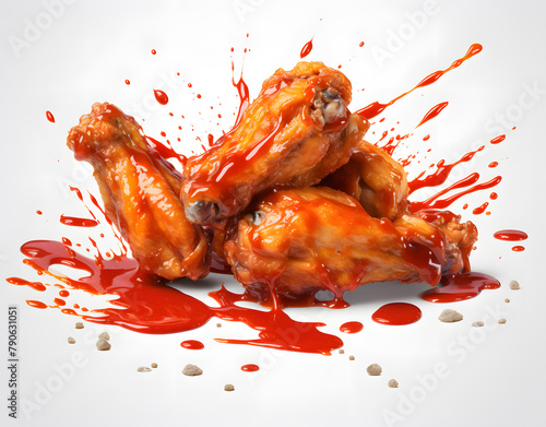 Chicken wings with ketchup and chili sauce isolated on white background