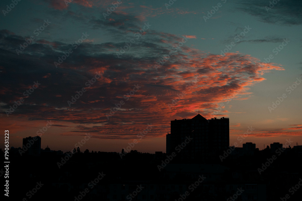 Sunrise over modern office buildings in business district center of Odesa.