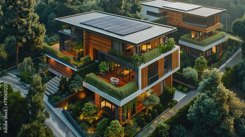 Modern home top down with solar panels. Generative AI.