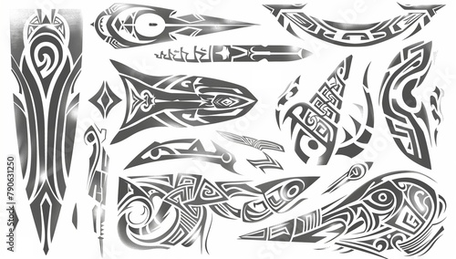 Cyberpunk tribal tattoo designs. A monochrome set of futuristic tribal patterns, blending sharp angles and organic curves in a high-contrast style. photo